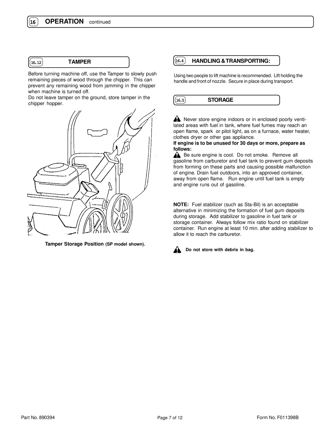 Billy Goat KD510 specifications Tamper Handling & Transporting, Tamper Storage Position SP model shown 