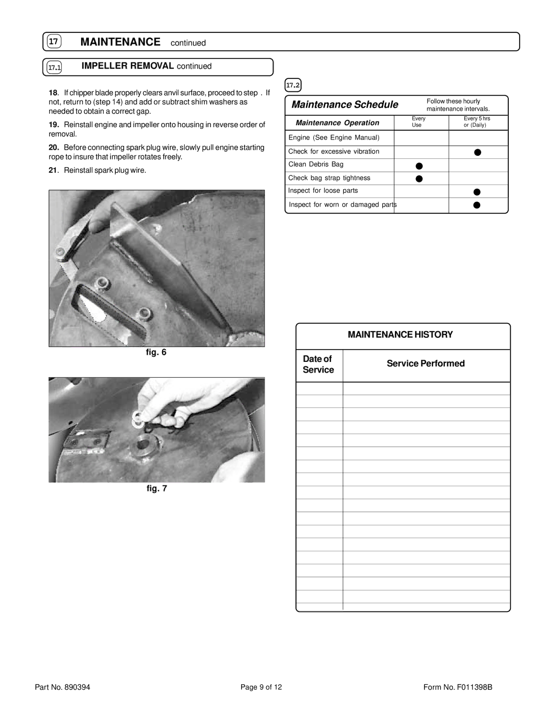 Billy Goat KD510 specifications Impeller Removal, Maintenance History, Date Service Performed 