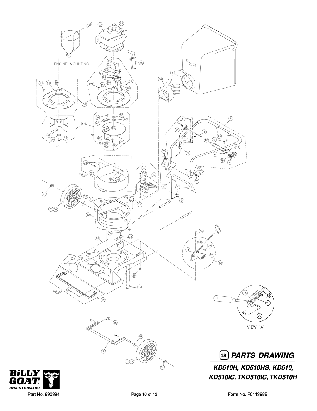 Billy Goat specifications Parts Drawing, KD510H, KD510HS, KD510 KD510IC, TKD510IC, TKD510H 