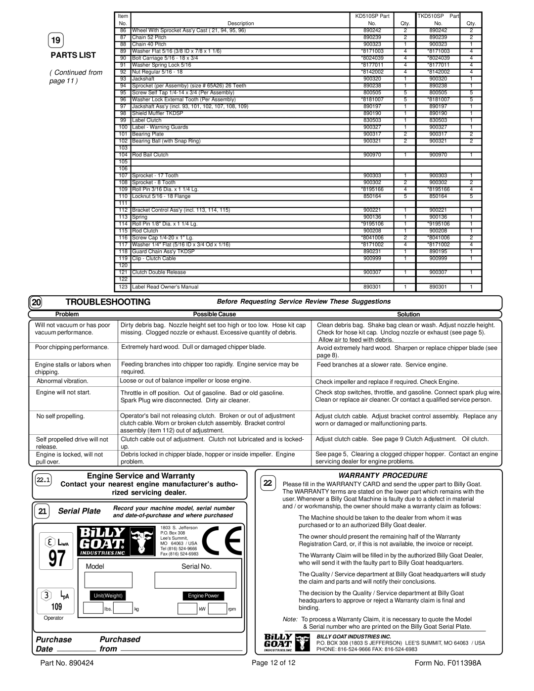 Billy Goat KD510SP, TKD510SP specifications Troubleshooting, LpA, 109, Parts List, Engine Service and Warranty 