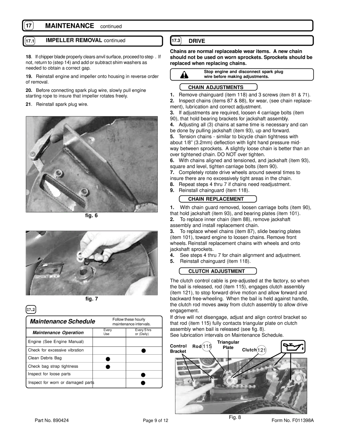 Billy Goat KD510SP, TKD510SP specifications Impeller Removal, Chain Adjustments, Chain Replacement, Clutch Adjustment 