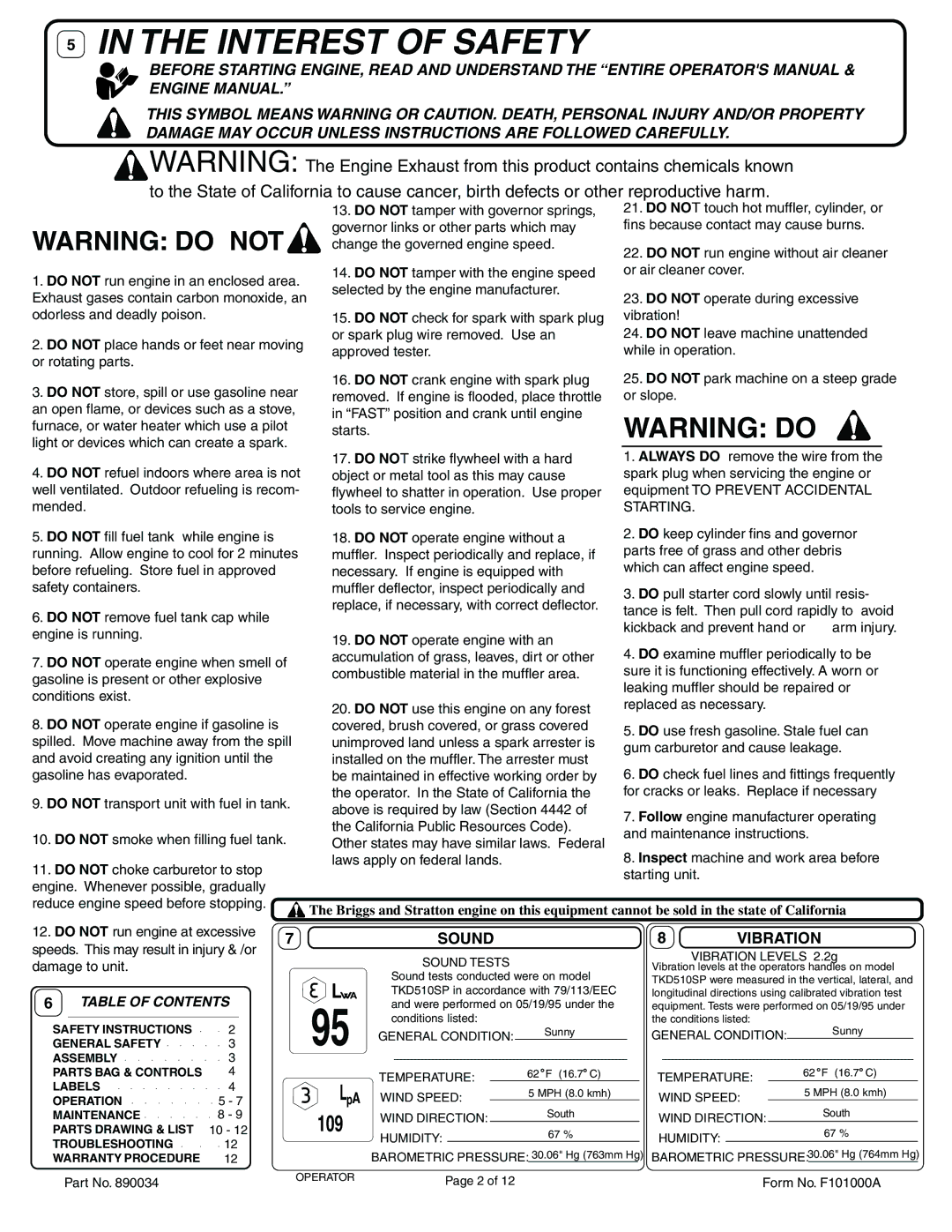 Billy Goat KD511SP, TKD511SP specifications Sound, Vibration 