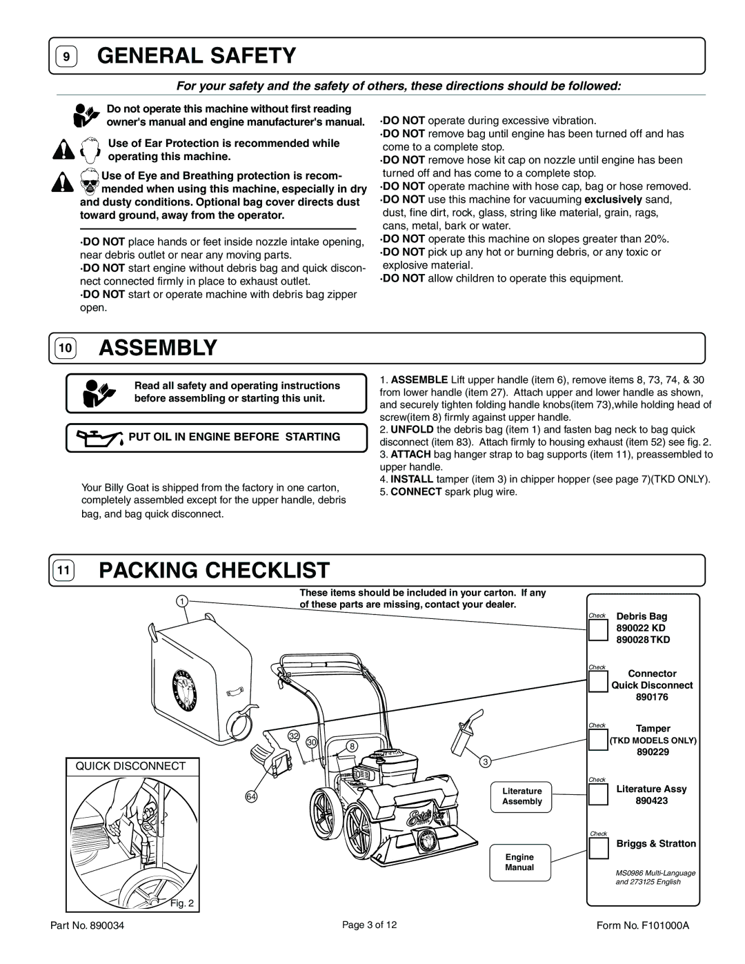 Billy Goat KD511SP, TKD511SP specifications General Safety, PUT OIL in Engine Before Starting 