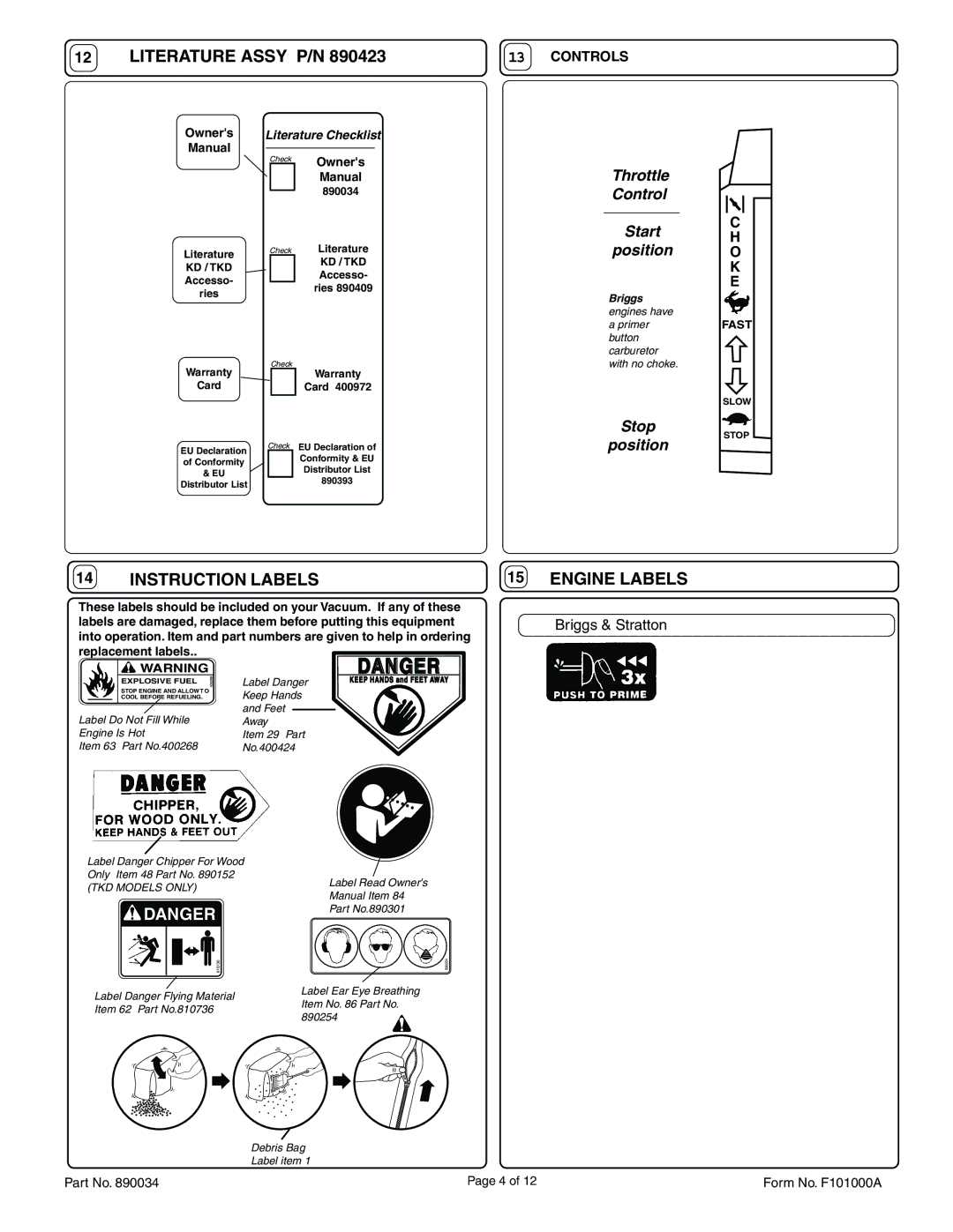 Billy Goat KD511SP, TKD511SP specifications Literature Assy P/N, Controls 