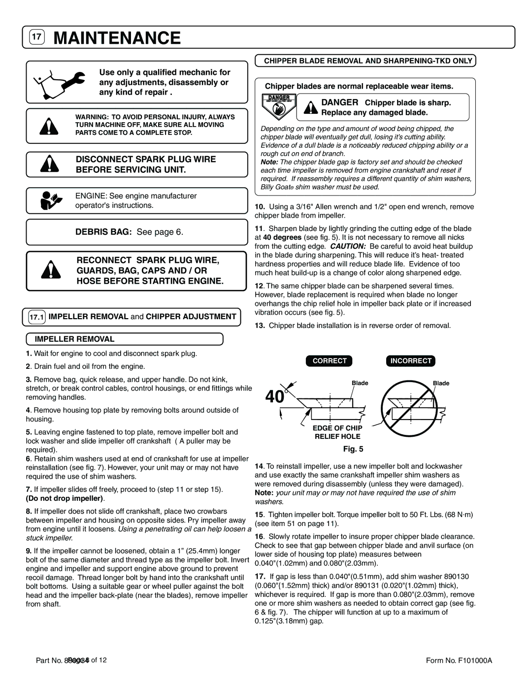 Billy Goat KD511SP, TKD511SP Disconnect Spark Plug Wire Before Servicing Unit, Debris BAG See, Impeller Removal 