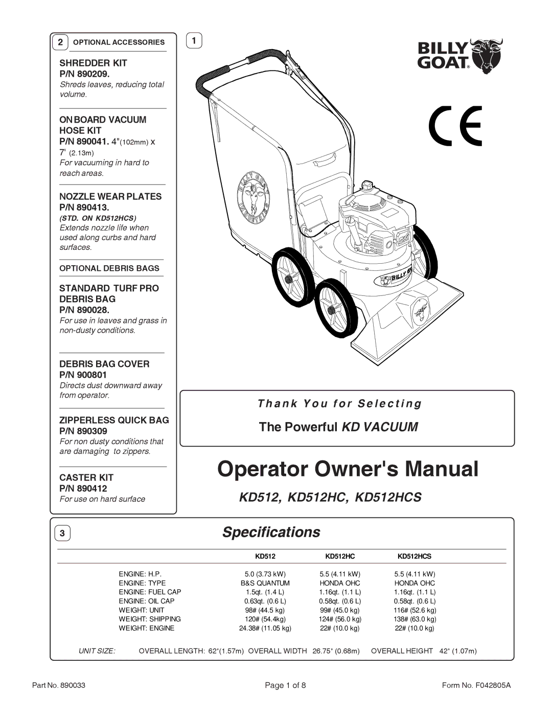 Billy Goat KD512, KD512HC, KD512HCS specifications Shredder KIT, On Board Vacuum Hose KIT, Nozzle Wear Plates, Caster KIT 