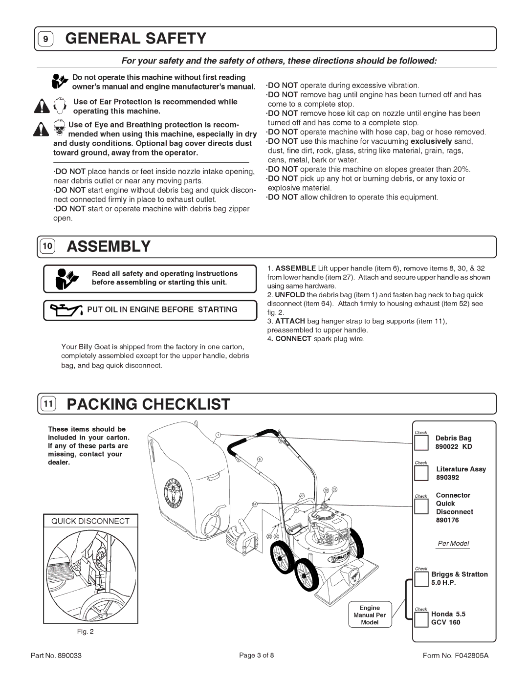 Billy Goat KD512, KD512HC, KD512HCS specifications General Safety, Assembly, Packing Checklist, Quick Disconnect 