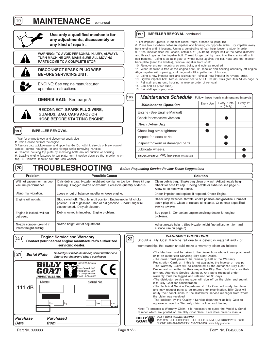 Billy Goat KD512, KD512HC, KD512HCS specifications Troubleshooting, Warranty Procedure 