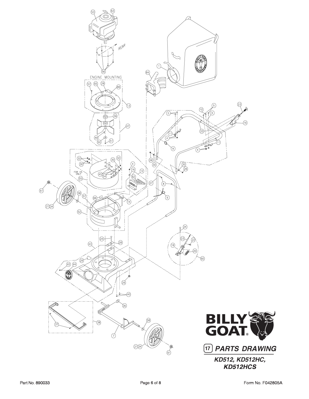 Billy Goat KD512, KD512HC, KD512HCS specifications Parts Drawing, KD512, KD512HC KD512HCS, Page 6 of, Form No. F042805A 