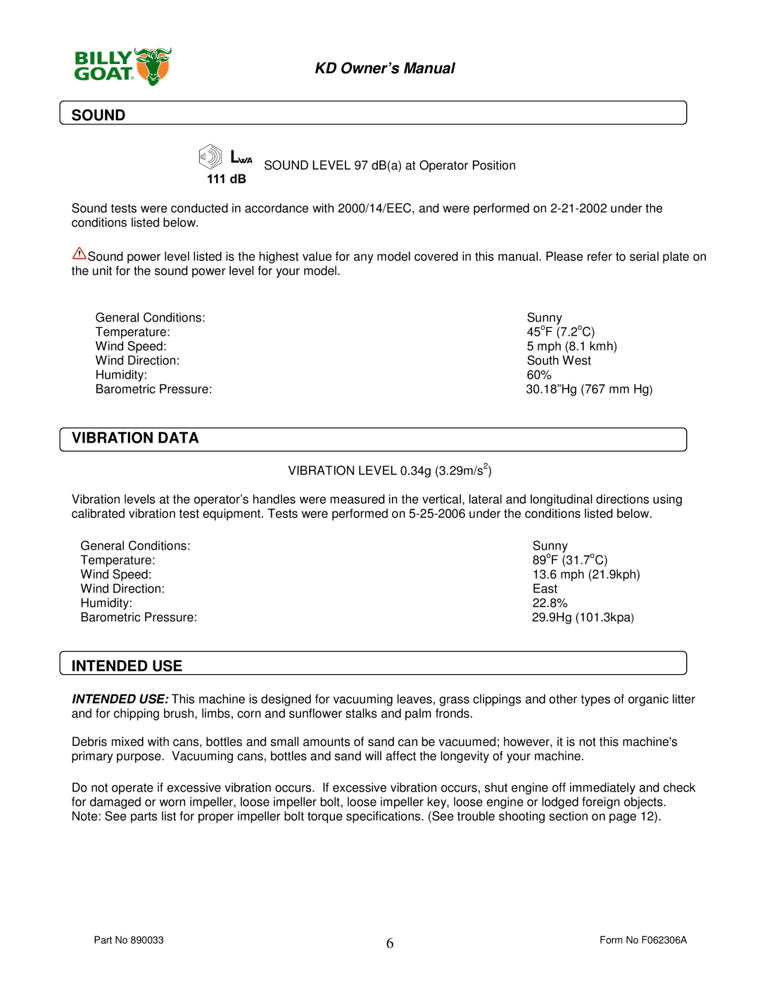 Billy Goat KD612, KD512HCS owner manual Sound, Vibration Data, Intended USE 