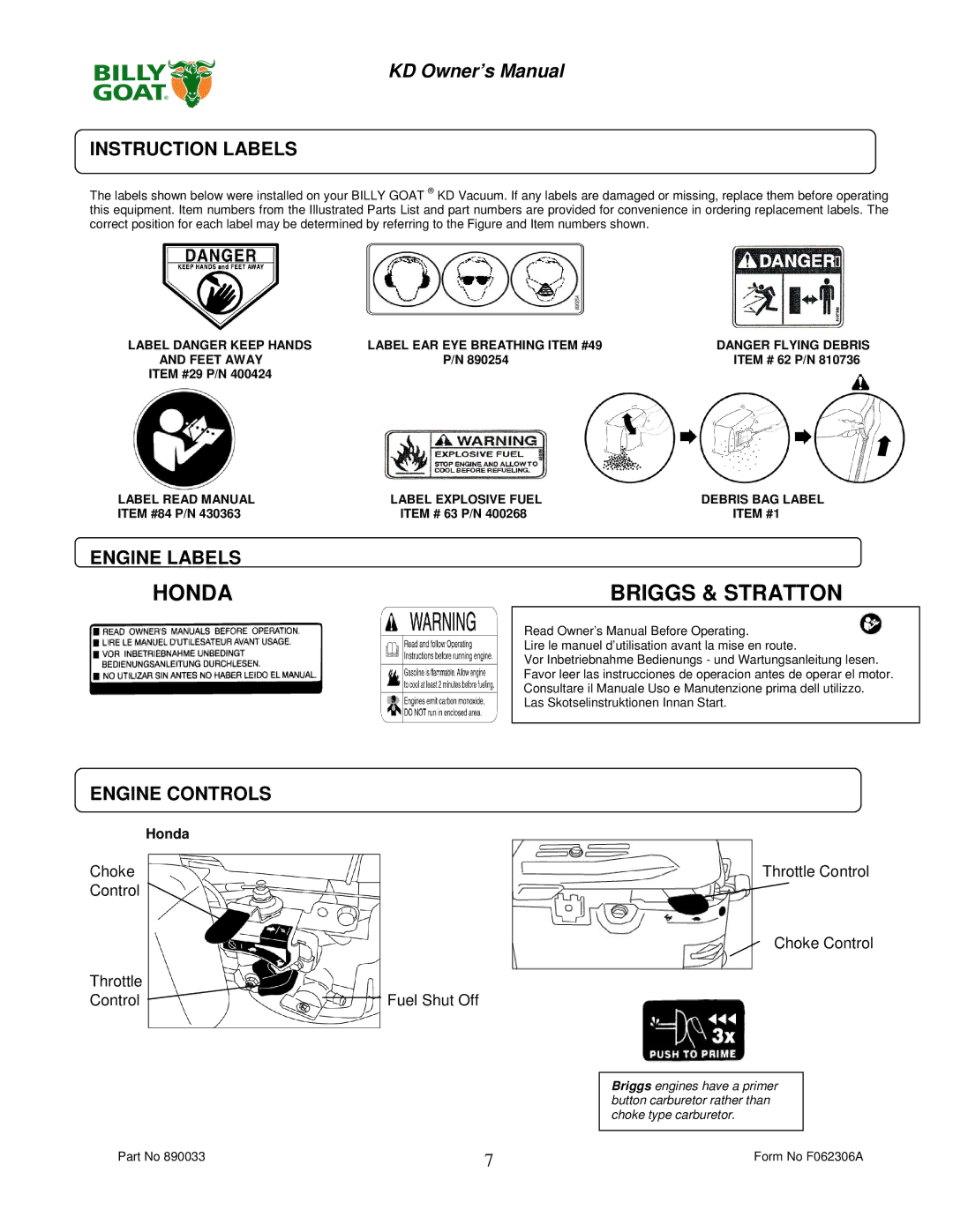 Billy Goat KD612, KD512HCS owner manual Instruction Labels, Engine Labels, Engine Controls 