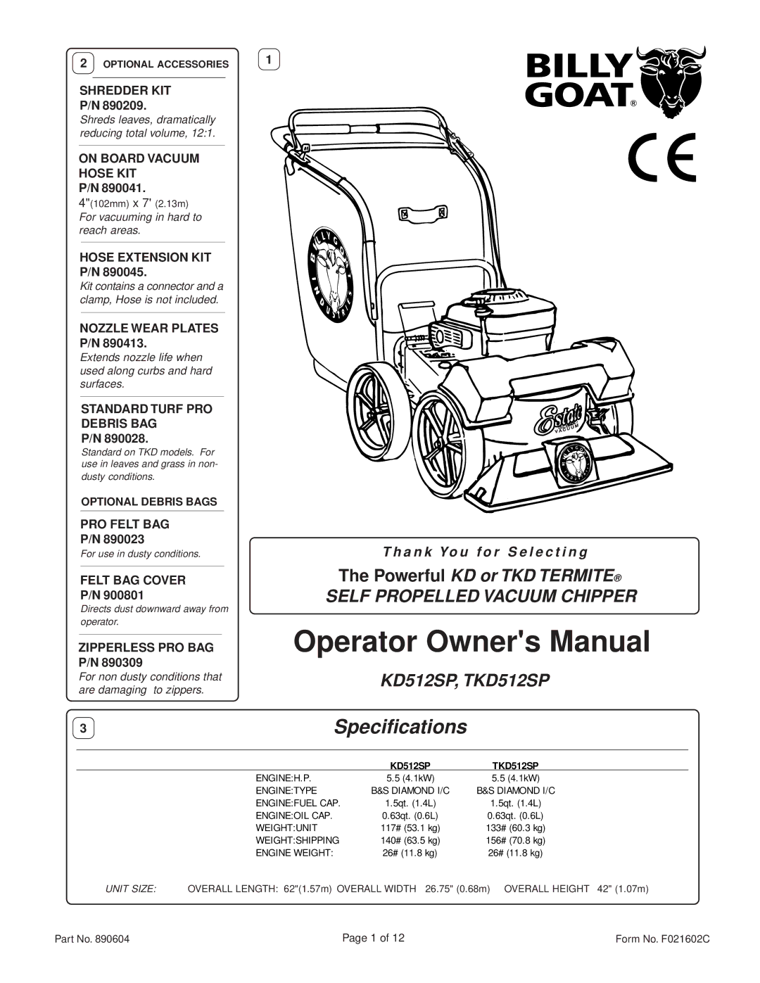 Billy Goat TKD512SP specifications Shredder KIT, On Board Vacuum Hose KIT, Hose Extension KIT, Nozzle Wear Plates 