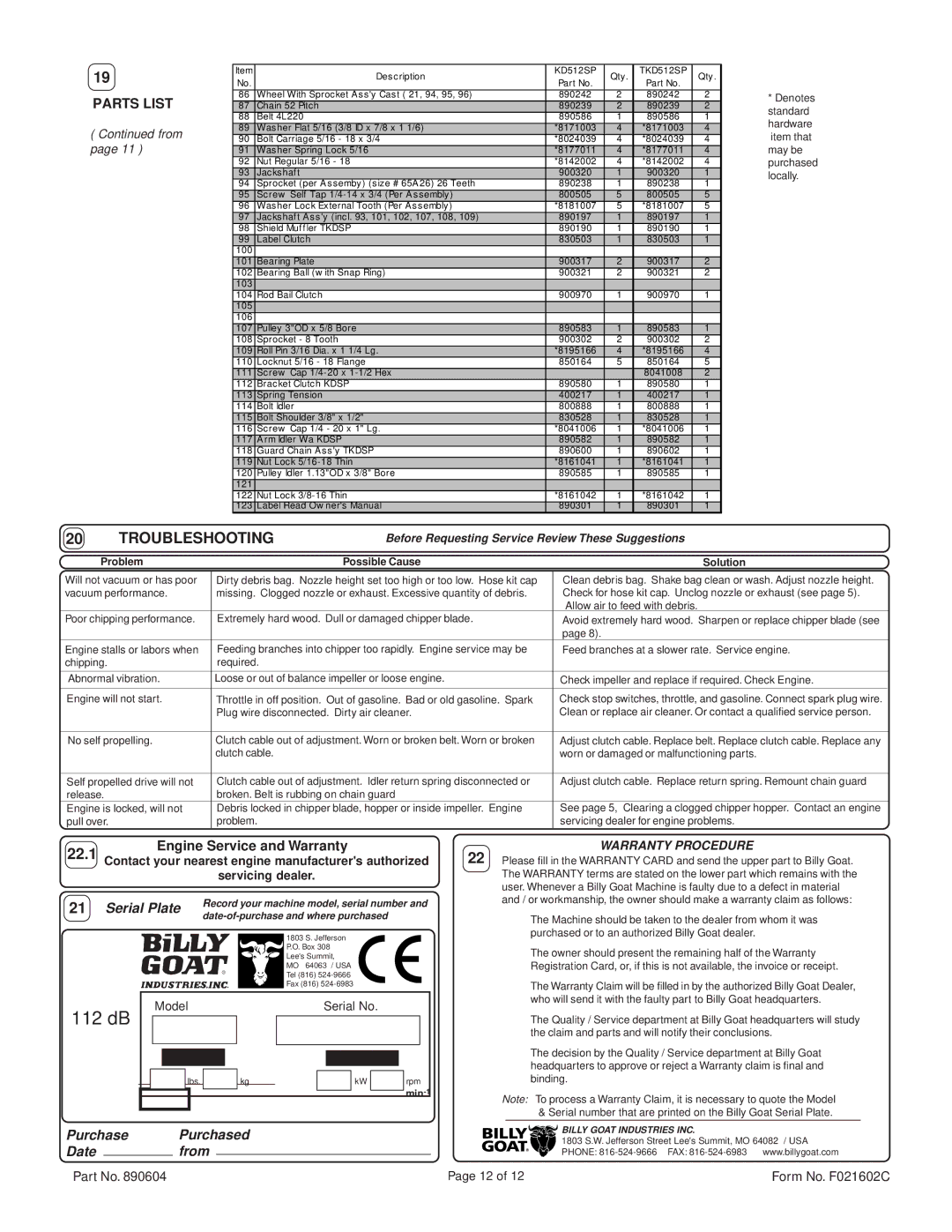 Billy Goat TKD512SP specifications Troubleshooting, Parts List, Engine Service and Warranty 