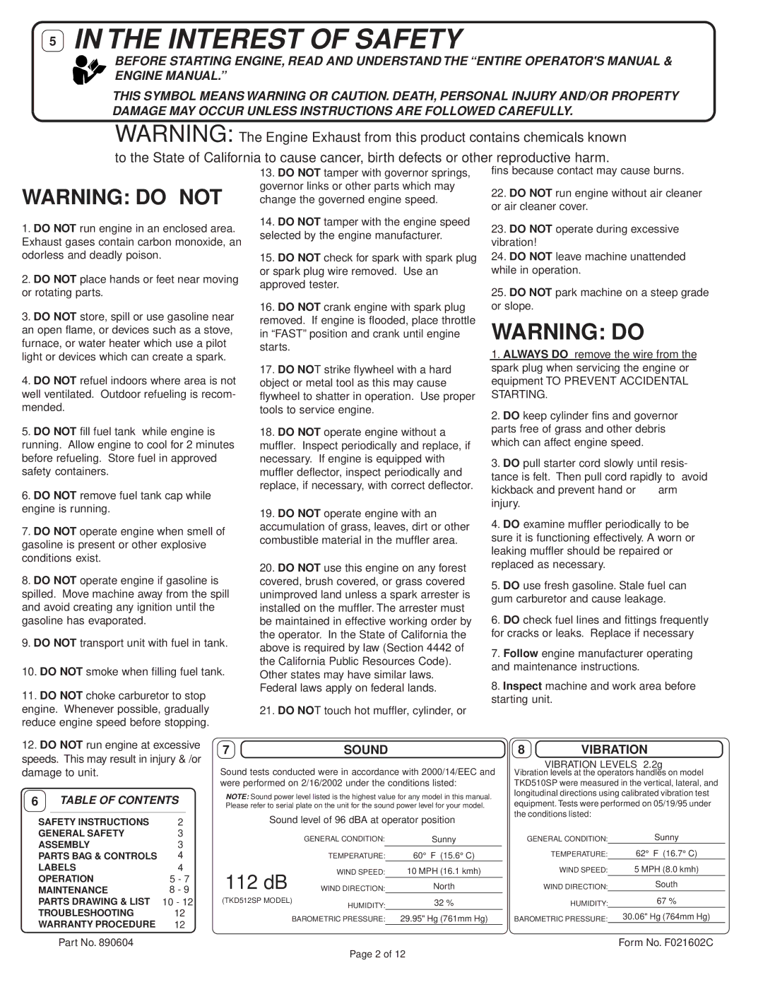 Billy Goat TKD512SP specifications 7SOUND, 8VIBRATION 