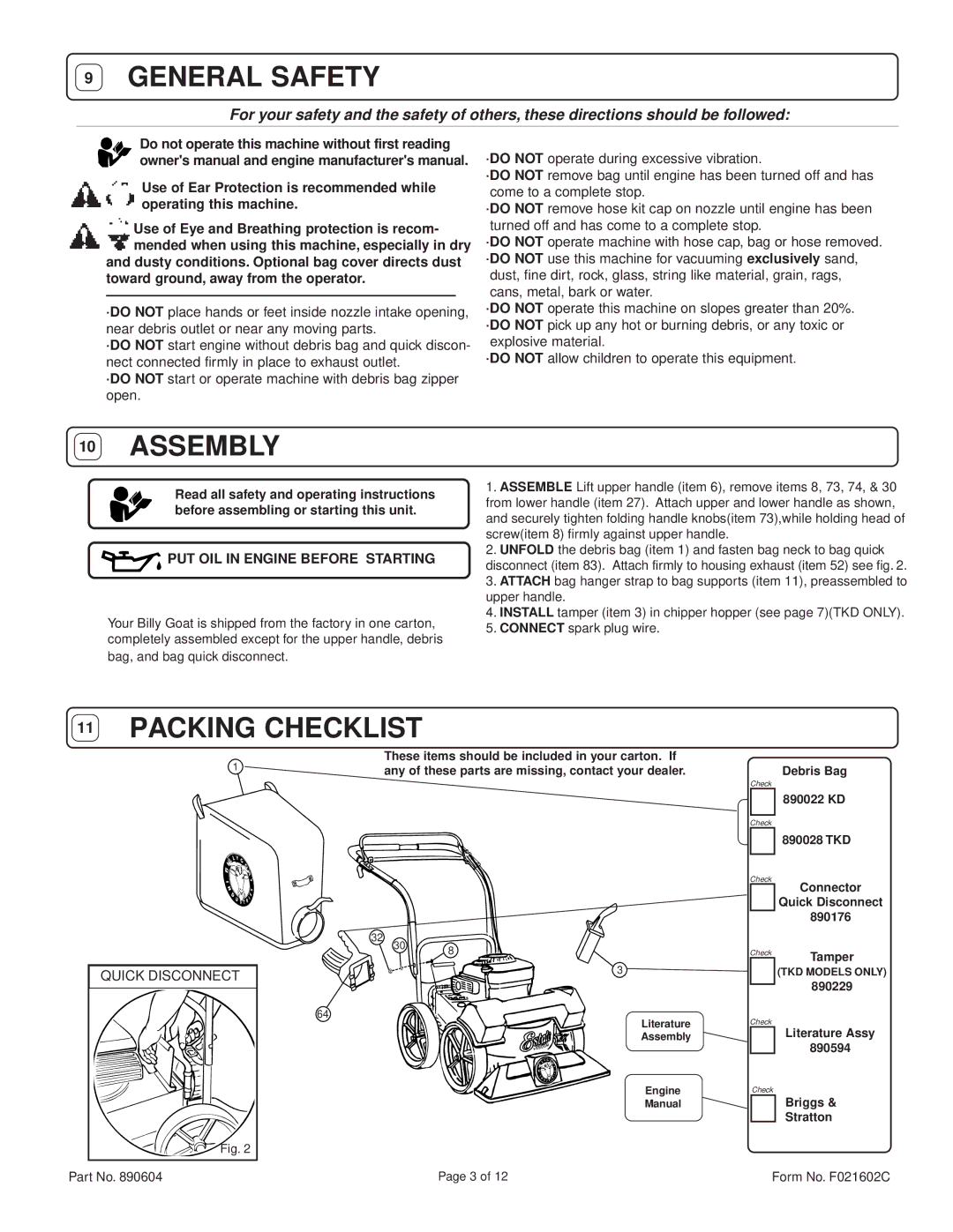 Billy Goat TKD512SP specifications PUT OIL in Engine Before Starting 