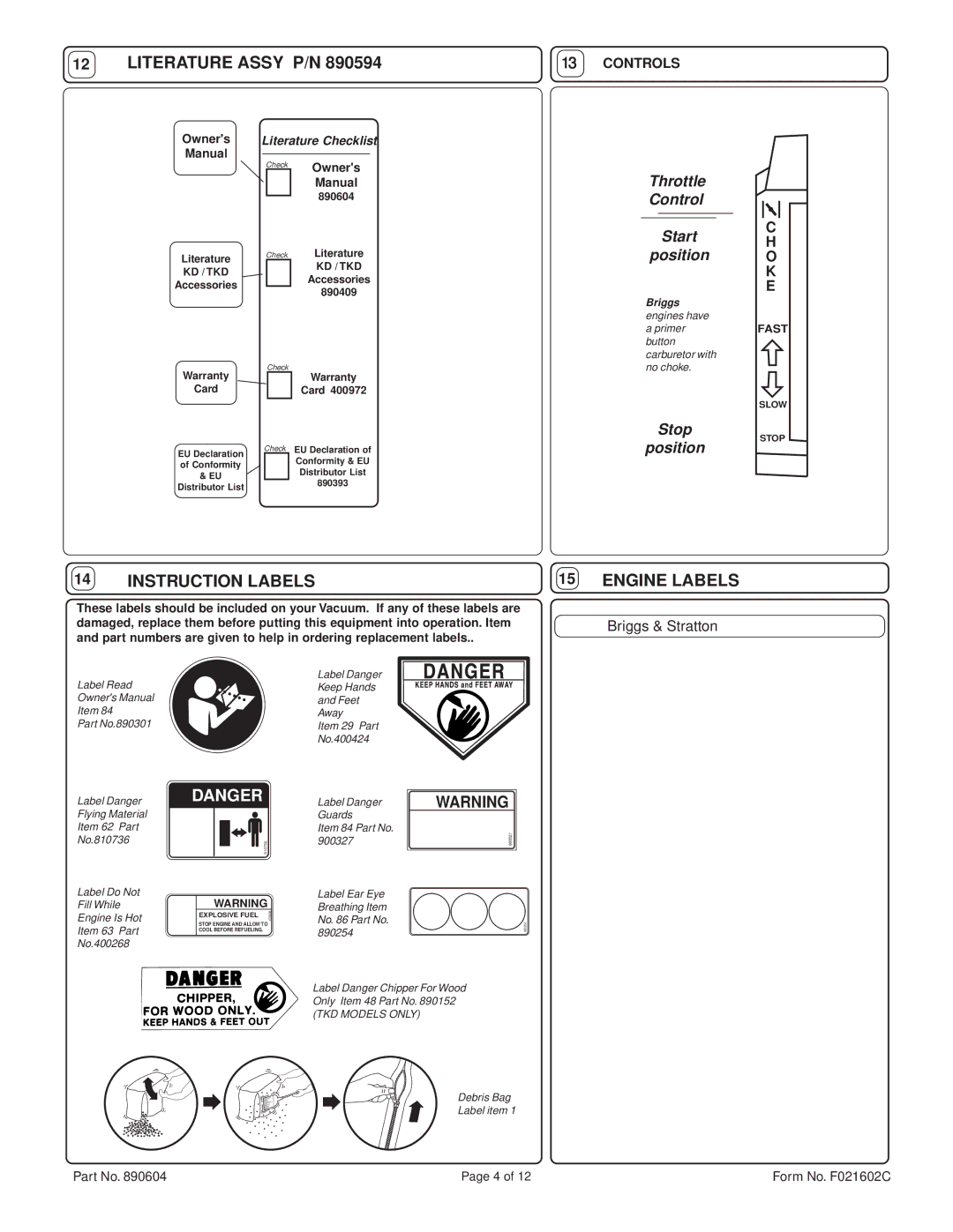 Billy Goat TKD512SP specifications Literature Assy P/N, Controls 