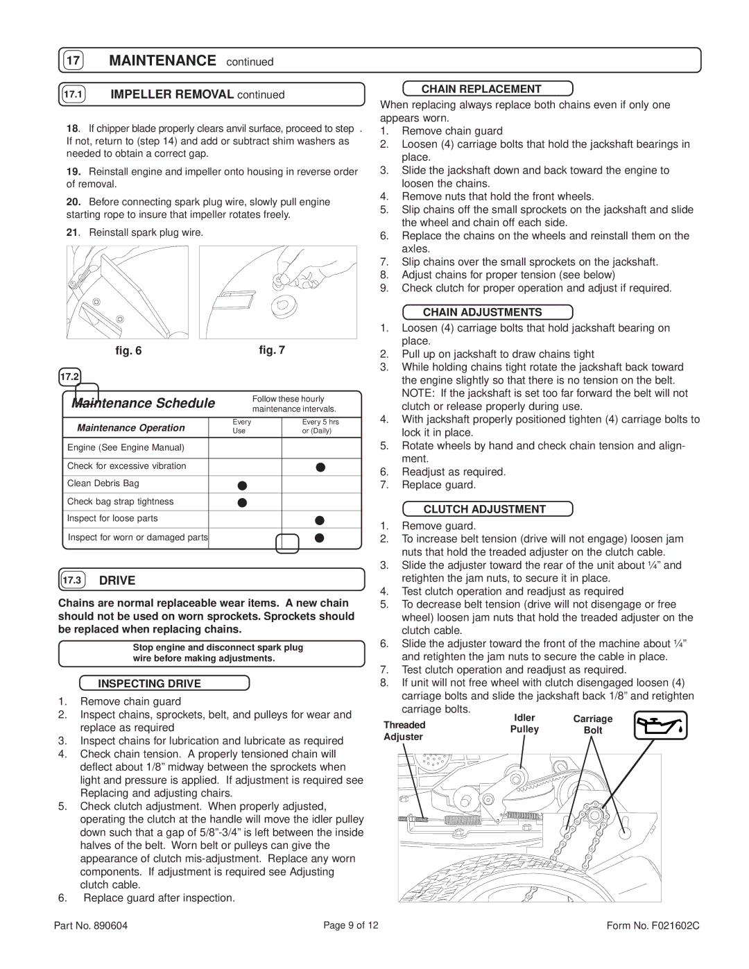 Billy Goat TKD512SP Impeller Removal, Inspecting Drive, Chain Replacement, Chain Adjustments, Clutch Adjustment 