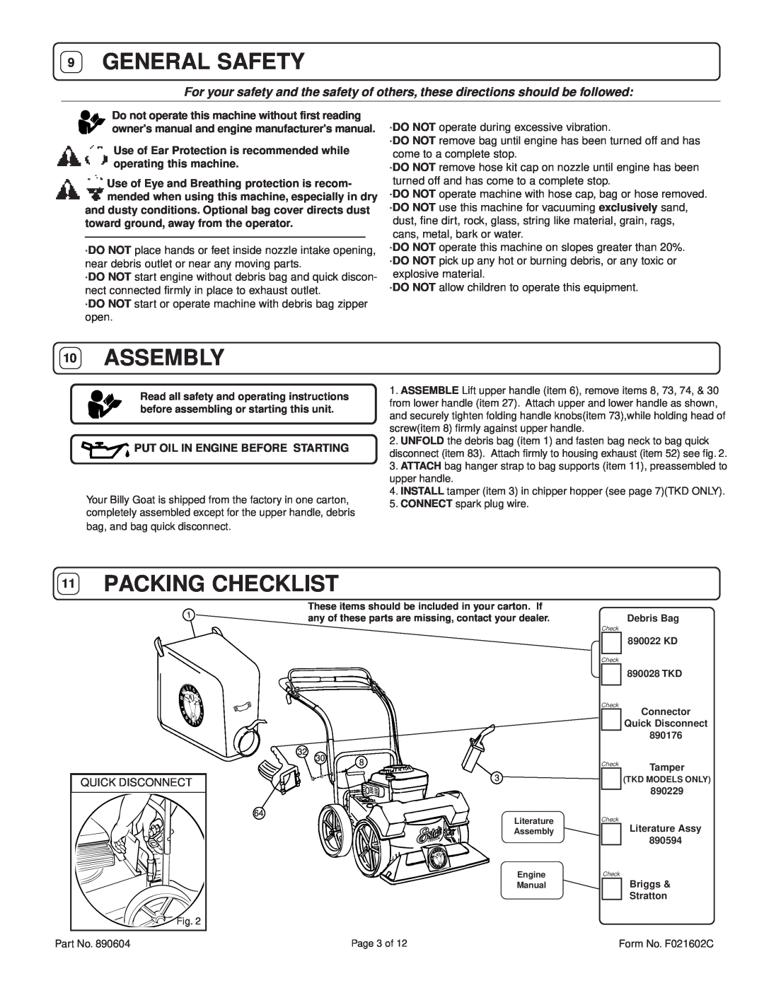 Billy Goat TKD512SP General Safety, Assembly, Packing Checklist, Do not operate this machine without first reading 