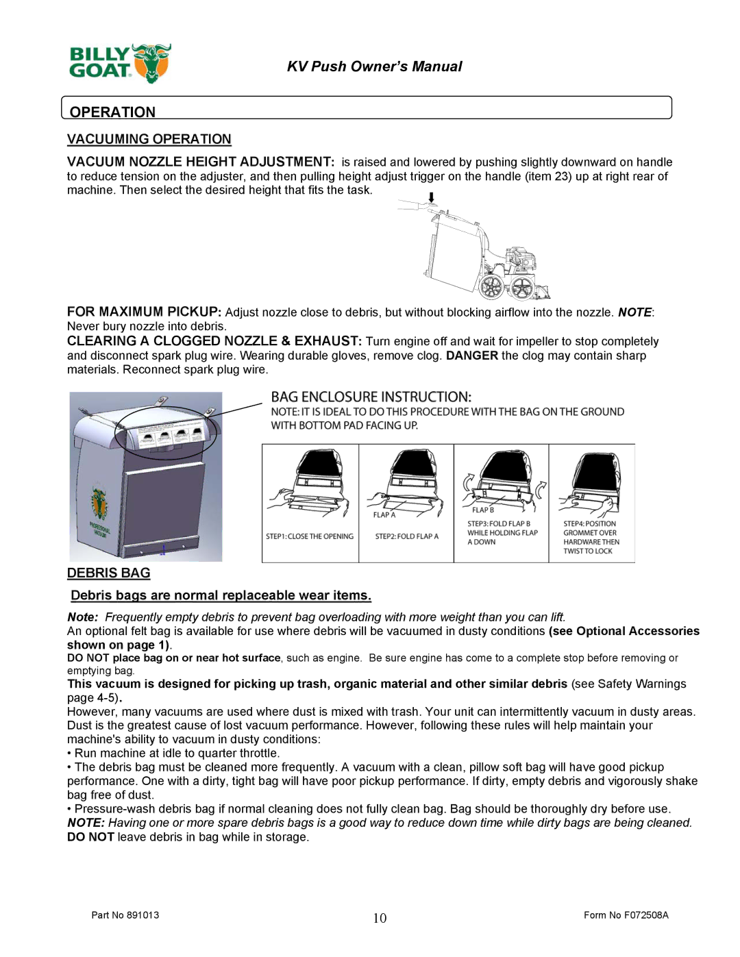 Billy Goat KV600 owner manual Vacuuming Operation 