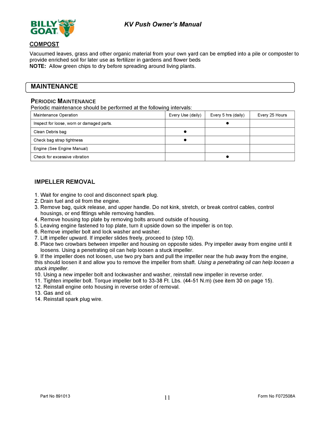 Billy Goat KV600 owner manual Maintenance, Compost 