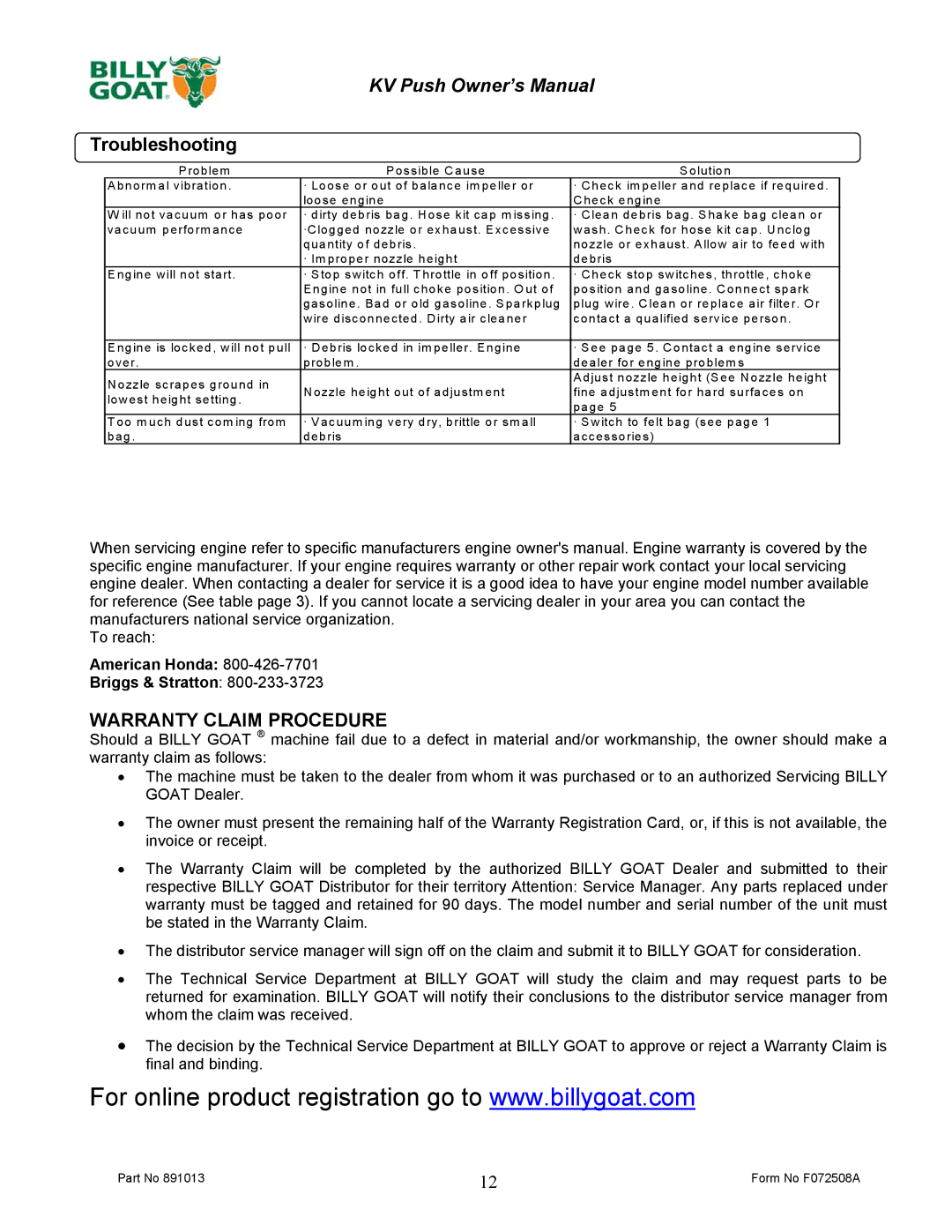 Billy Goat KV600 owner manual Troubleshooting, Warranty Claim Procedure 