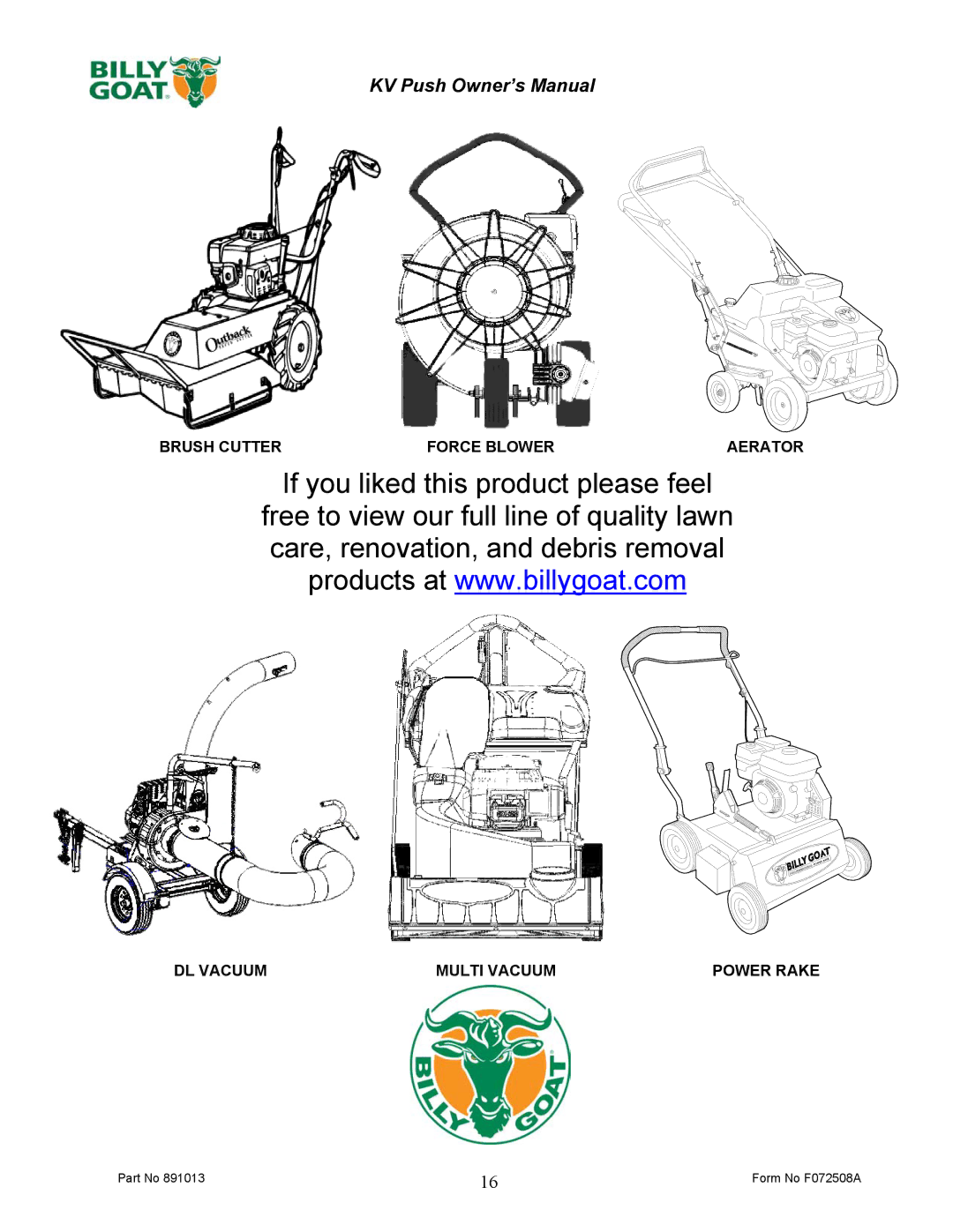 Billy Goat KV600 owner manual Form No F072508A 