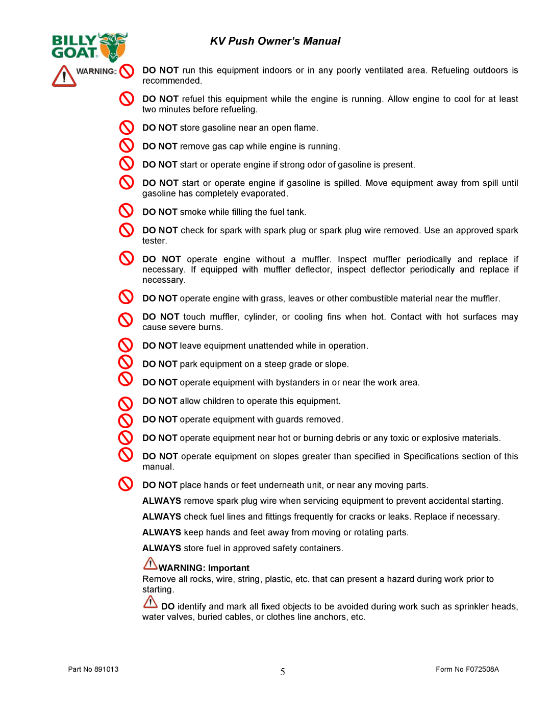 Billy Goat KV600 owner manual Form No F072508A 