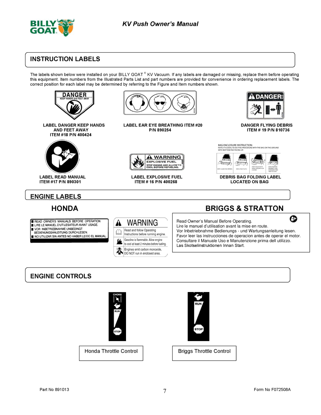 Billy Goat KV600 owner manual Instruction Labels, Engine Labels, Engine Controls 