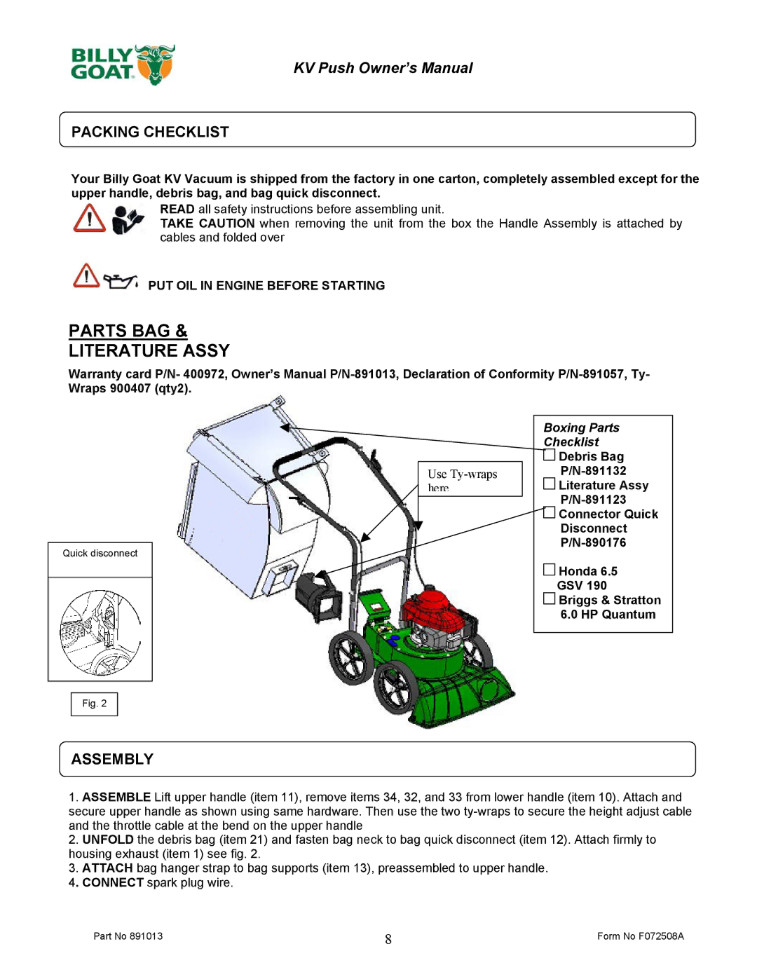 Billy Goat KV600 owner manual Packing Checklist, Assembly 