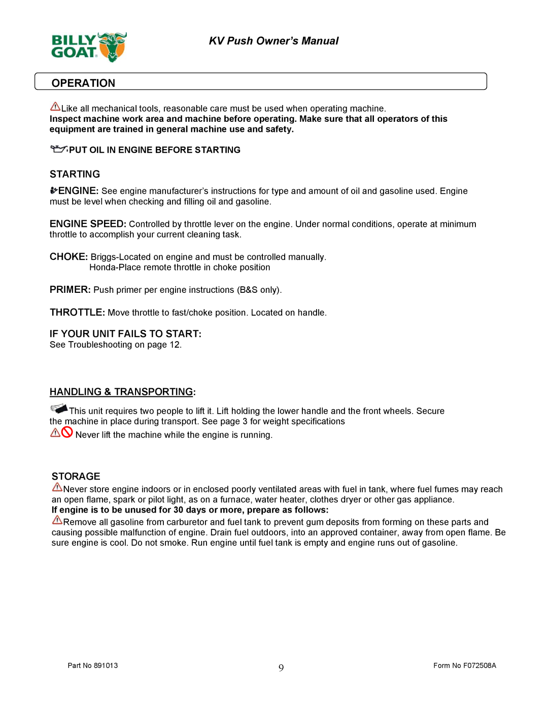 Billy Goat KV600 owner manual Operation, Starting 