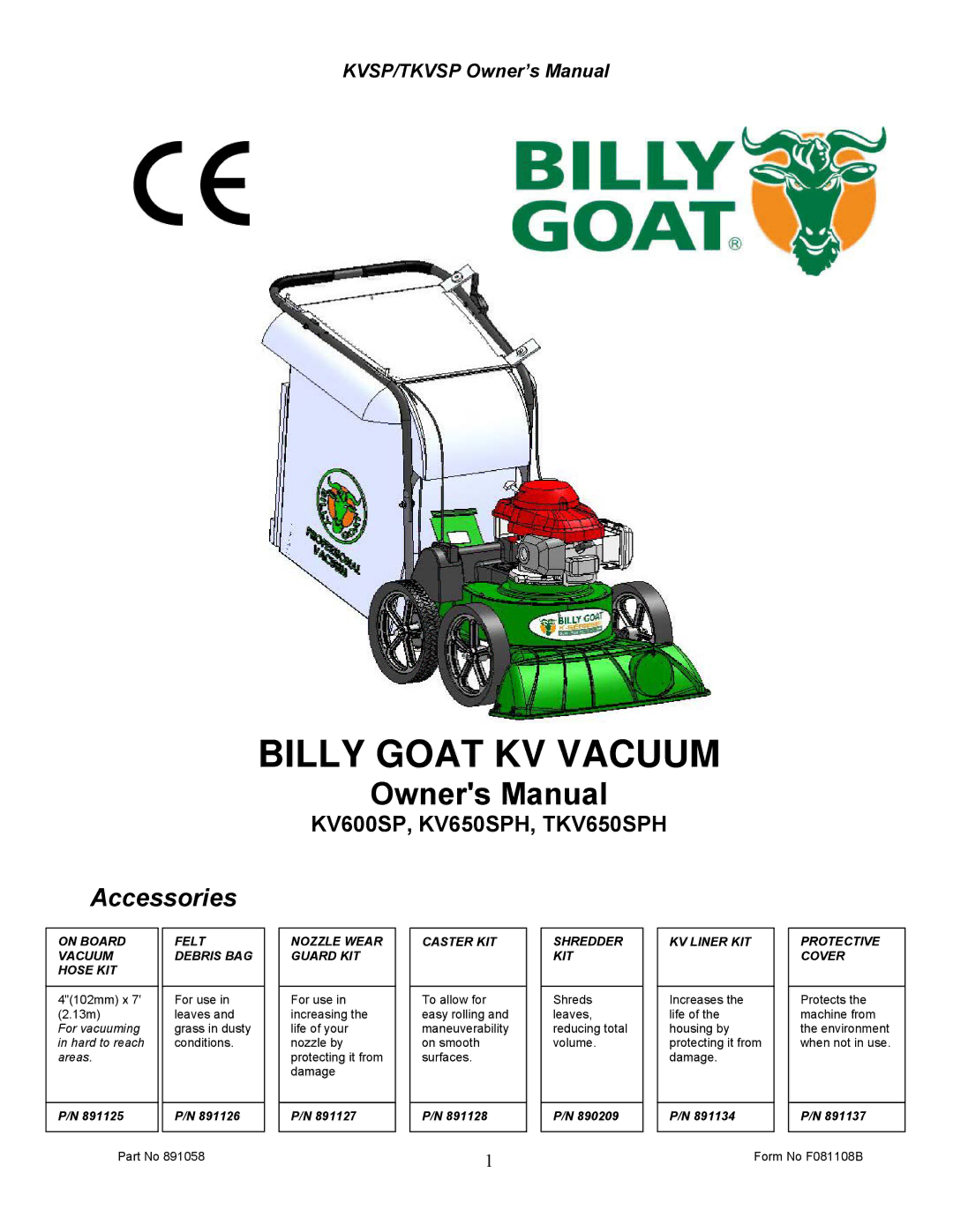 Billy Goat owner manual Billy Goat KV Vacuum, KV600SP, KV650SPH, TKV650SPH 