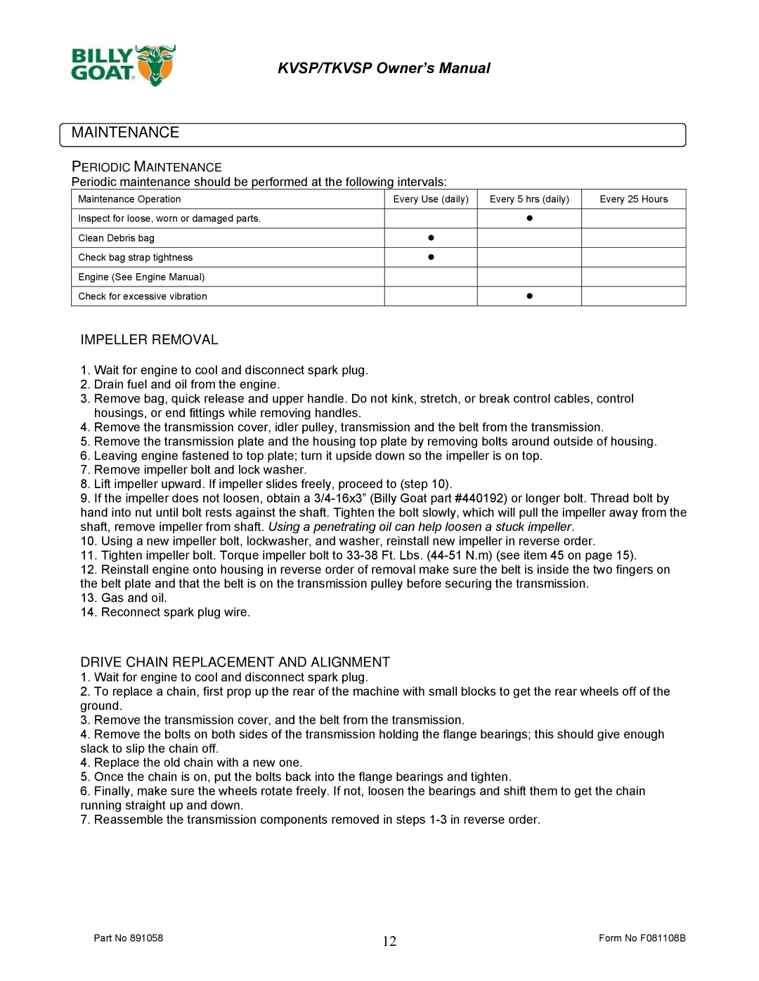 Billy Goat KV600SP owner manual Maintenance, Impeller Removal, Drive Chain Replacement and Alignment 