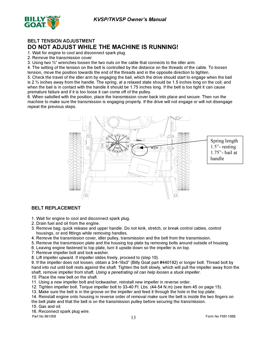 Billy Goat KV600SP owner manual Do not Adjust While the Machine is Running, Belt Tension Adjustment, Belt Replacement 