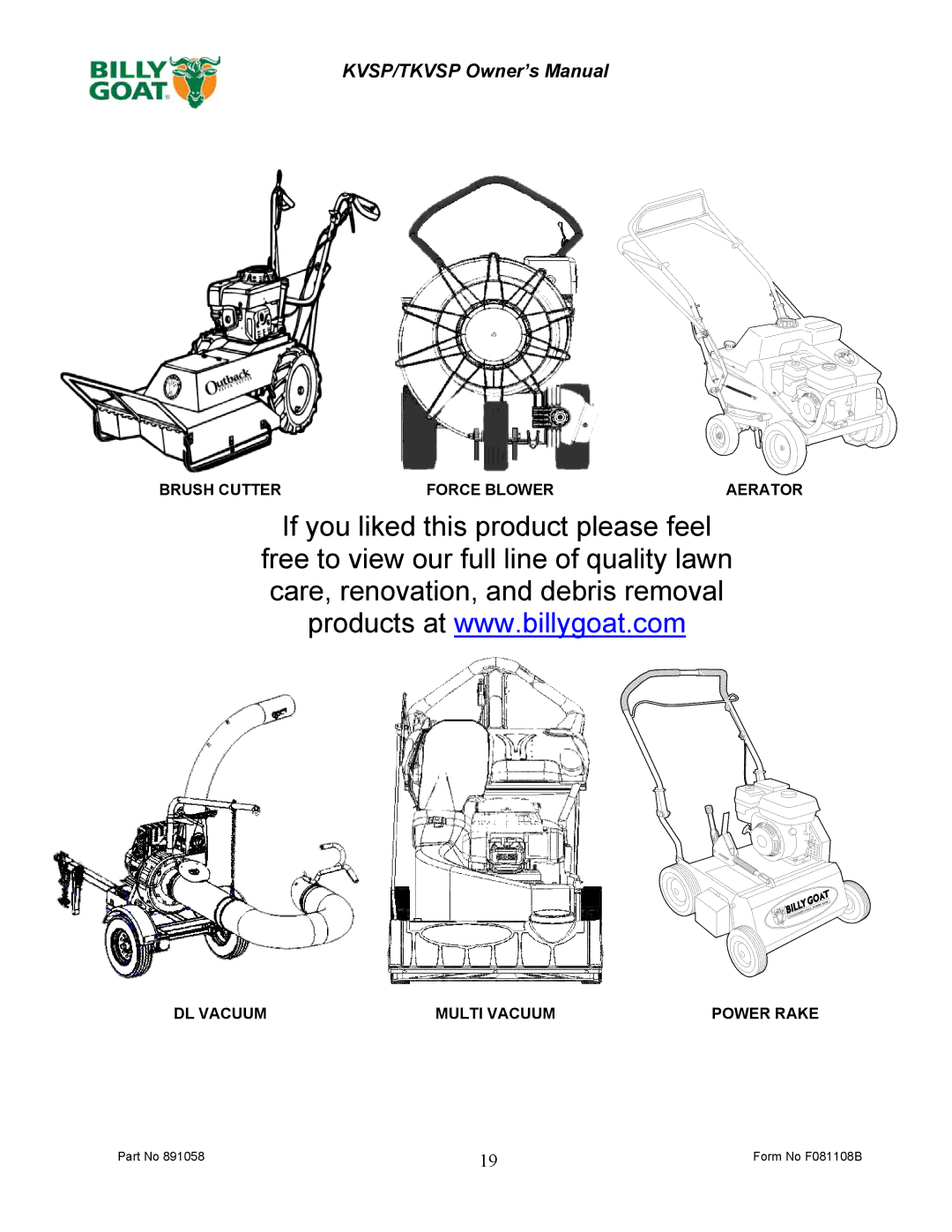 Billy Goat KV600SP owner manual Form No F081108B 