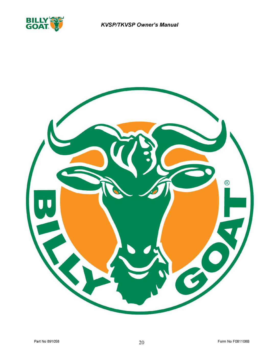 Billy Goat KV600SP owner manual Form No F081108B 