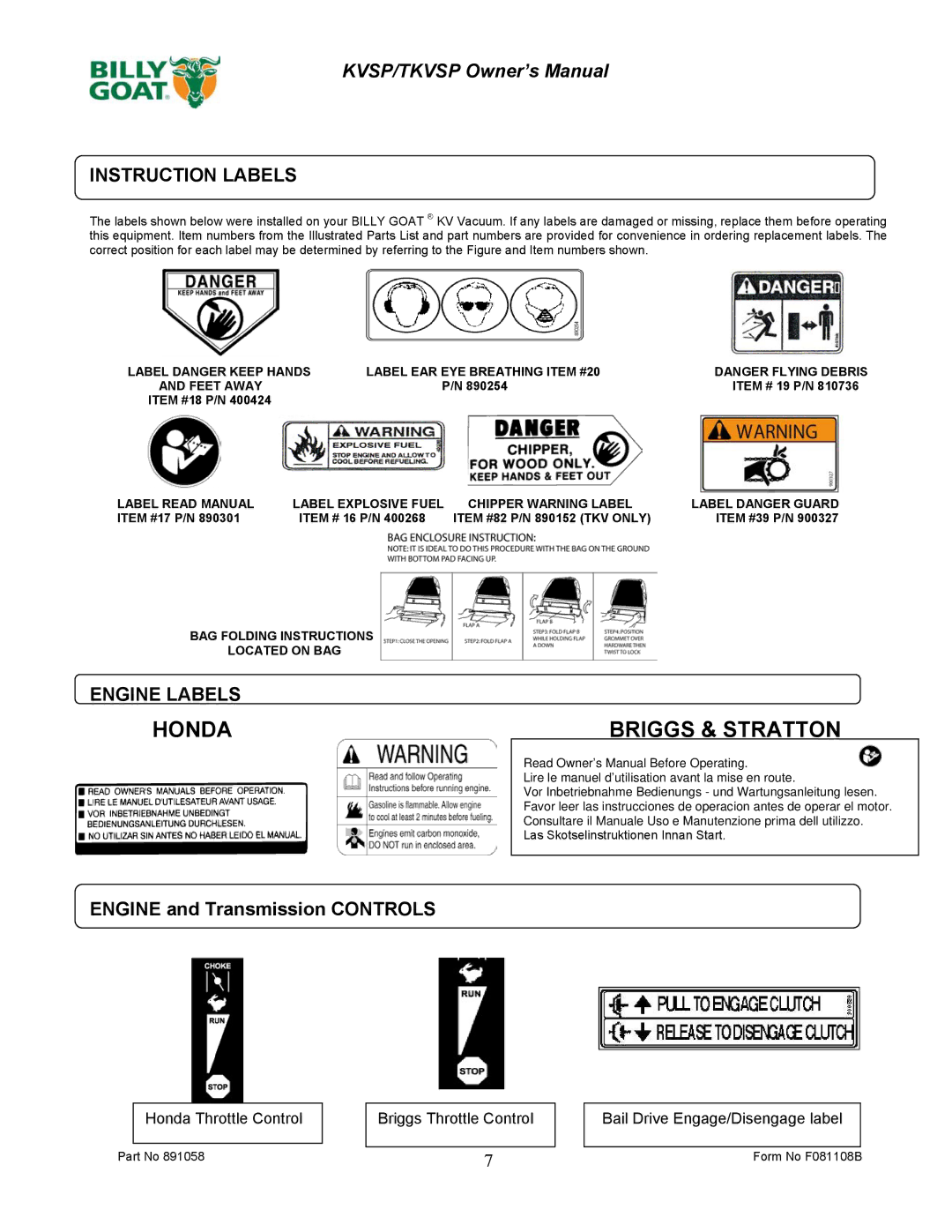 Billy Goat KV600SP owner manual Honda Briggs & Stratton, Instruction Labels, Engine Labels 