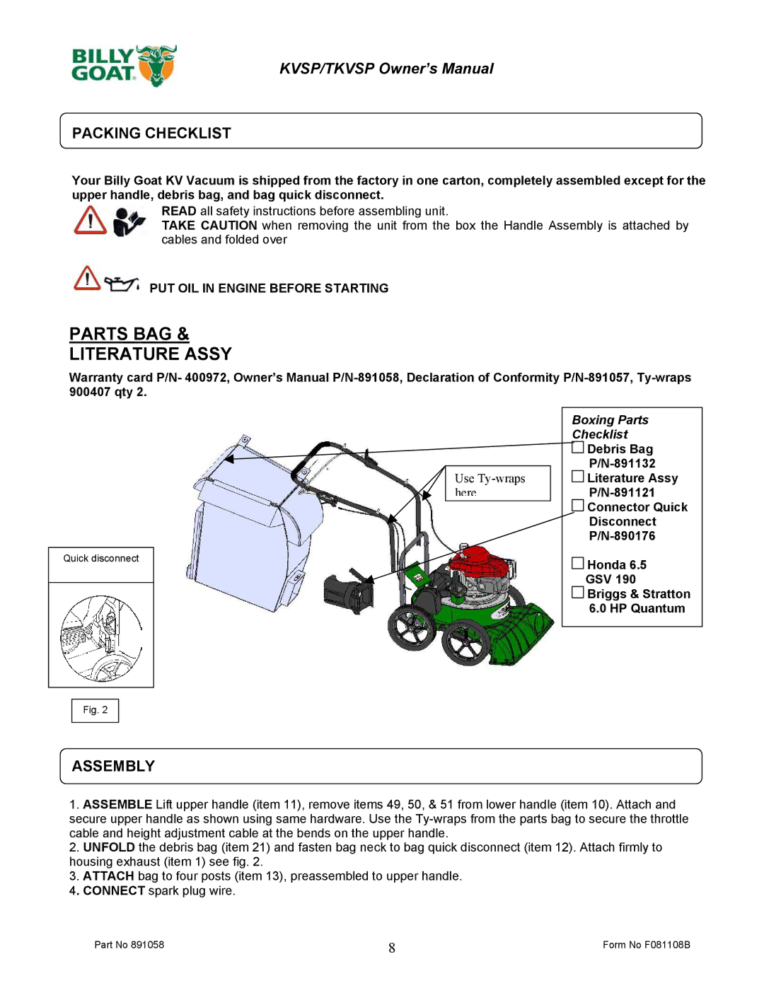 Billy Goat KV600SP owner manual Parts BAG Literature Assy, Packing Checklist, Assembly 