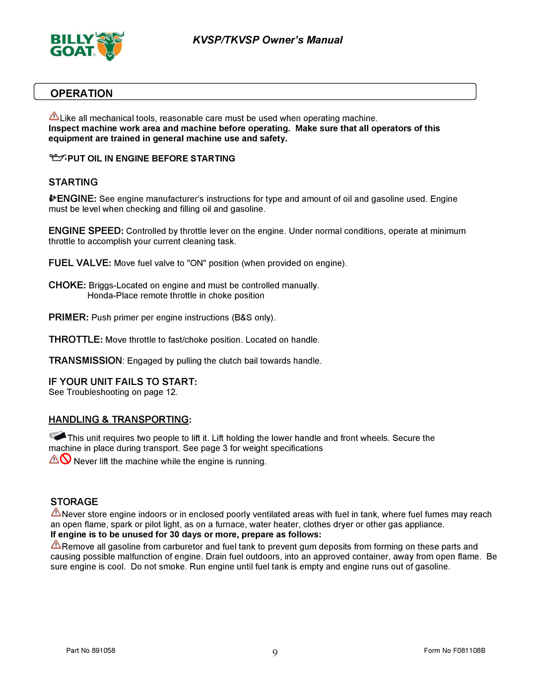 Billy Goat KV600SP owner manual Operation, Starting, If Your Unit Fails to Start, Handling & Transporting, Storage 