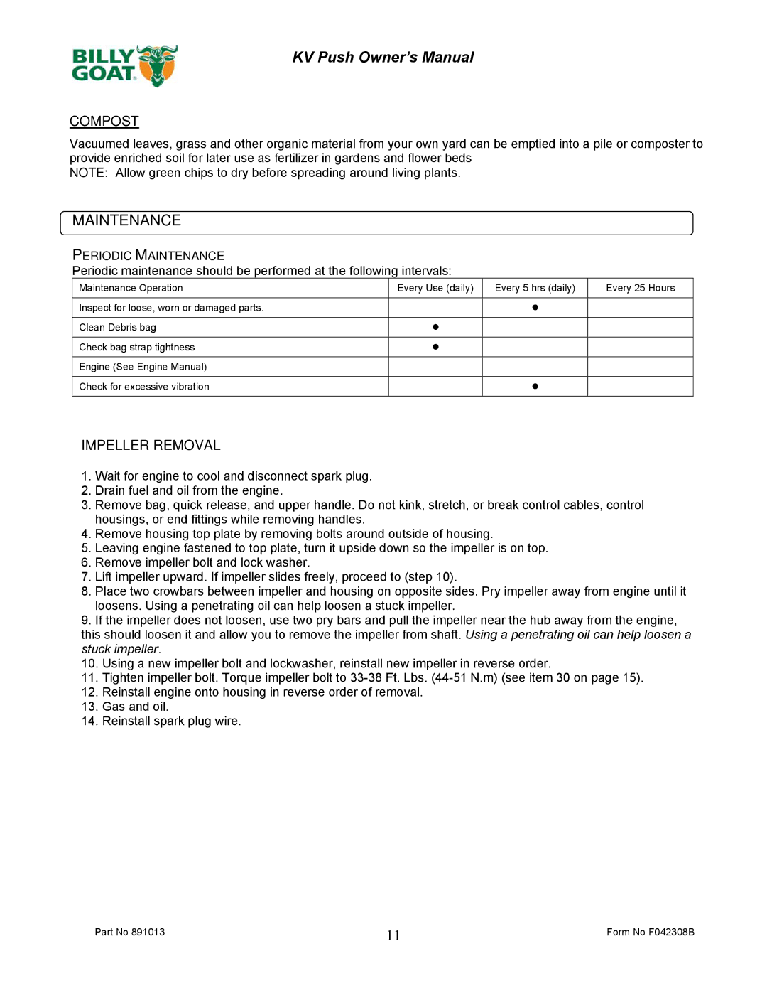 Billy Goat KV600, KV650H owner manual Maintenance, Compost 