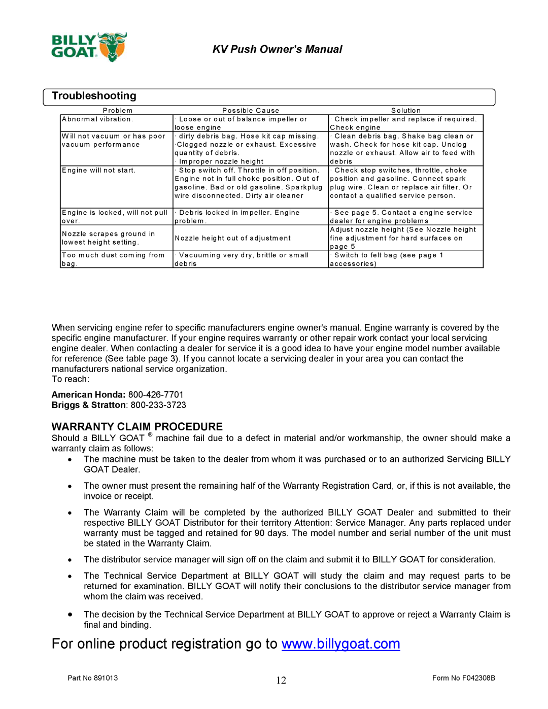 Billy Goat KV650H, KV600 owner manual Troubleshooting, Warranty Claim Procedure 