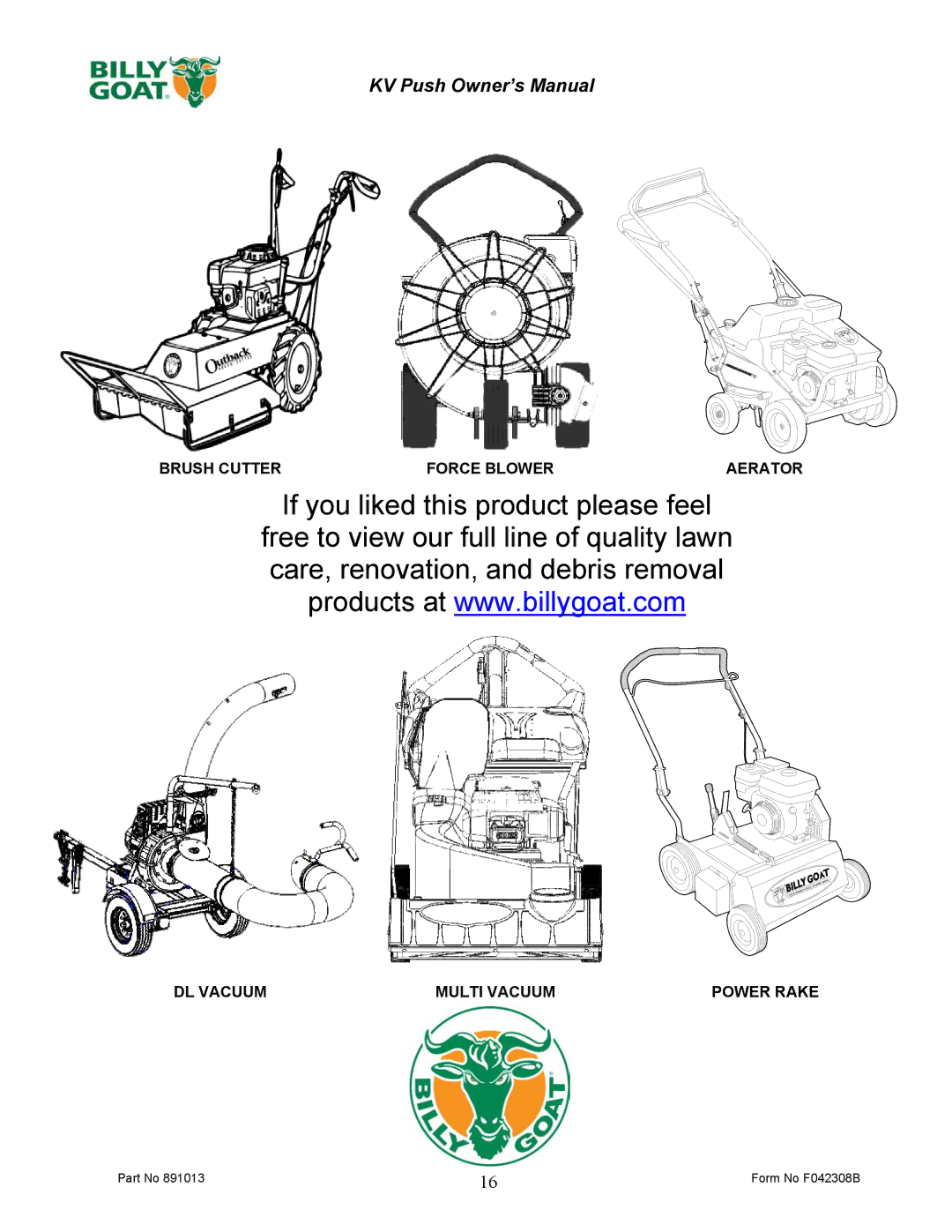 Billy Goat KV650H, KV600 owner manual Form No F042308B 