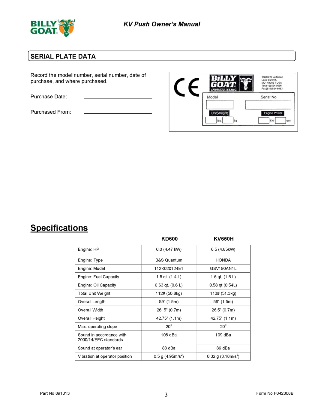 Billy Goat KV600, KV650H owner manual Specifications, Serial Plate Data 