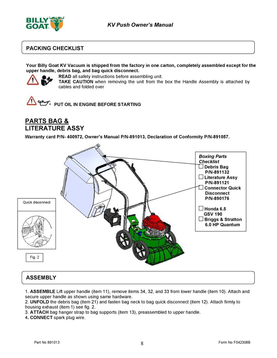 Billy Goat KV650H, KV600 owner manual Packing Checklist, Assembly 