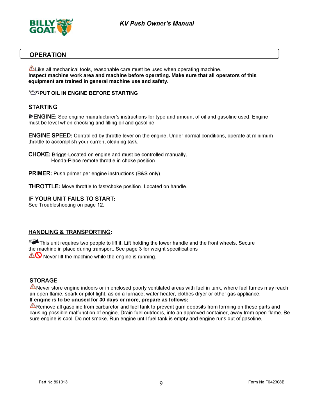 Billy Goat KV600, KV650H owner manual Operation, Starting 