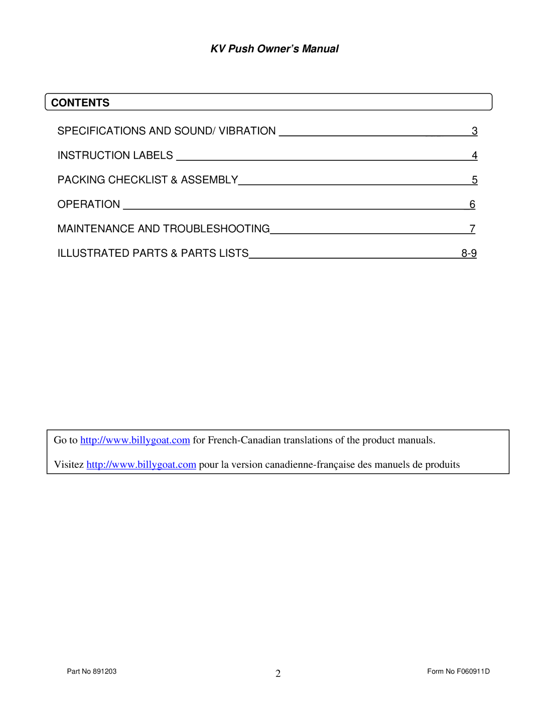 Billy Goat KV650HFB, KV600FB owner manual Contents 