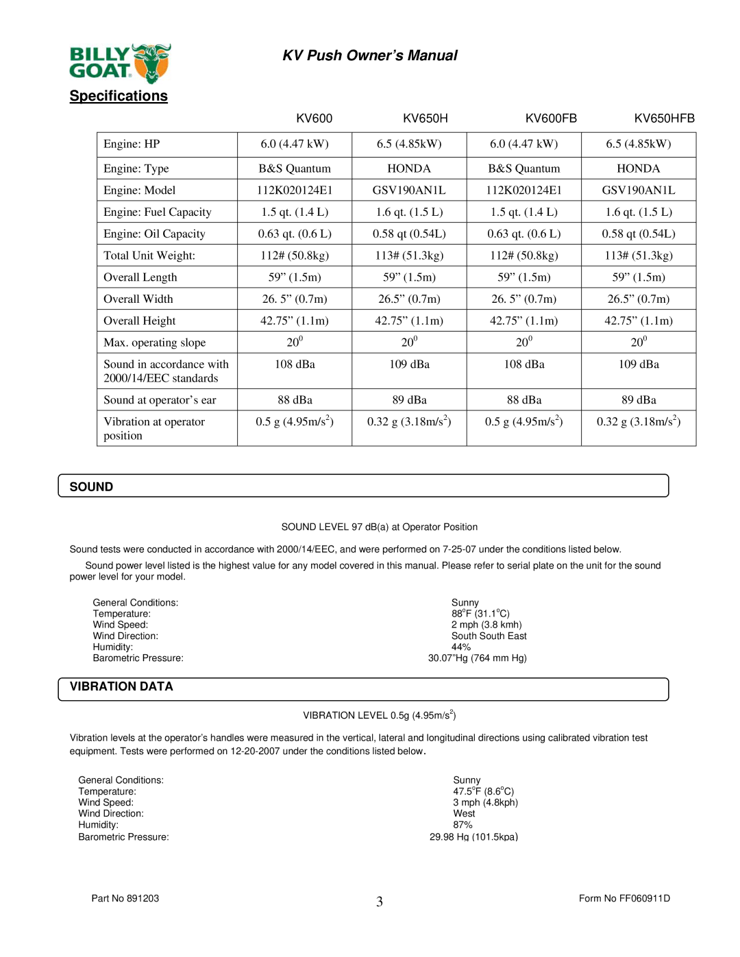 Billy Goat KV600FB, KV650HFB owner manual Specifications 