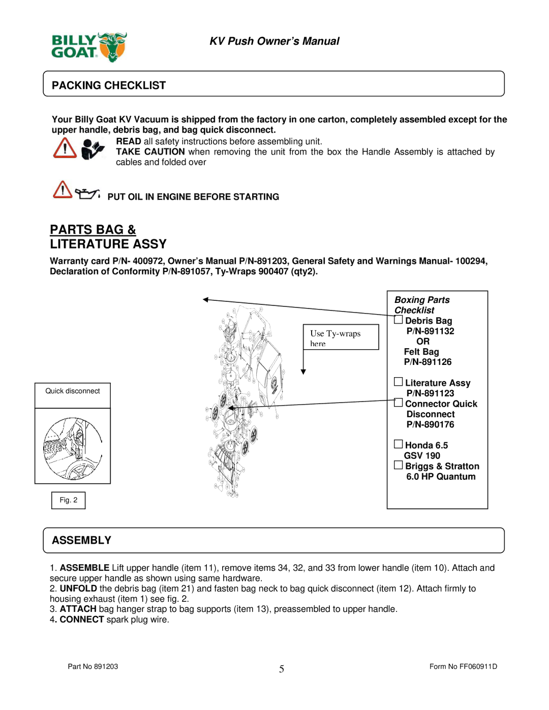 Billy Goat KV600FB, KV650HFB owner manual Packing Checklist, Assembly 