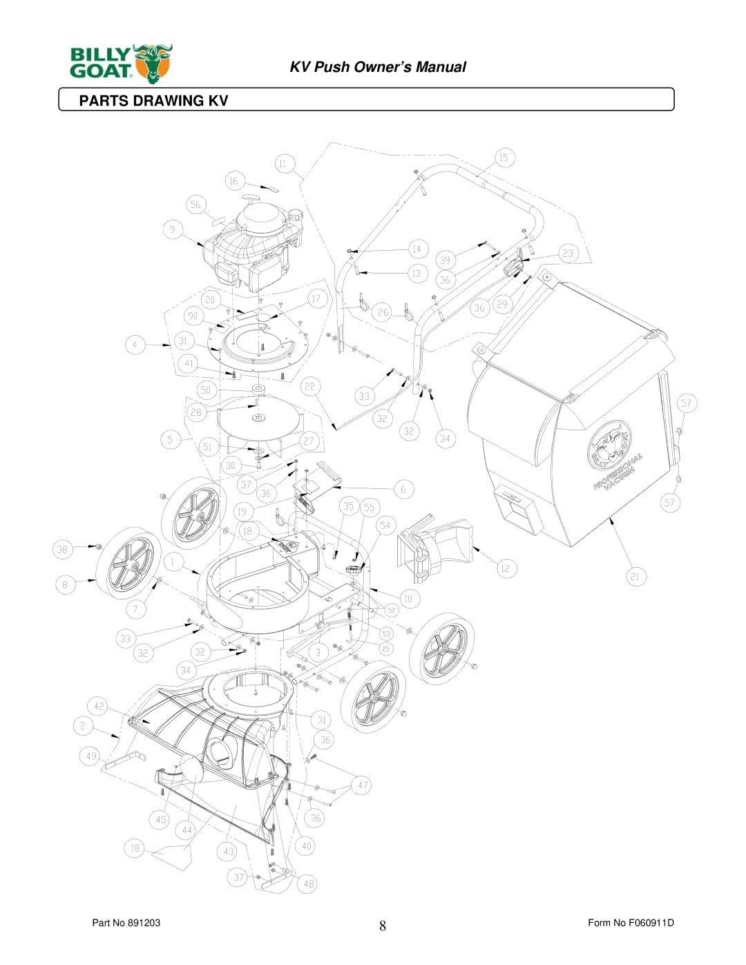 Billy Goat KV650HFB, KV600FB owner manual Parts Drawing KV 