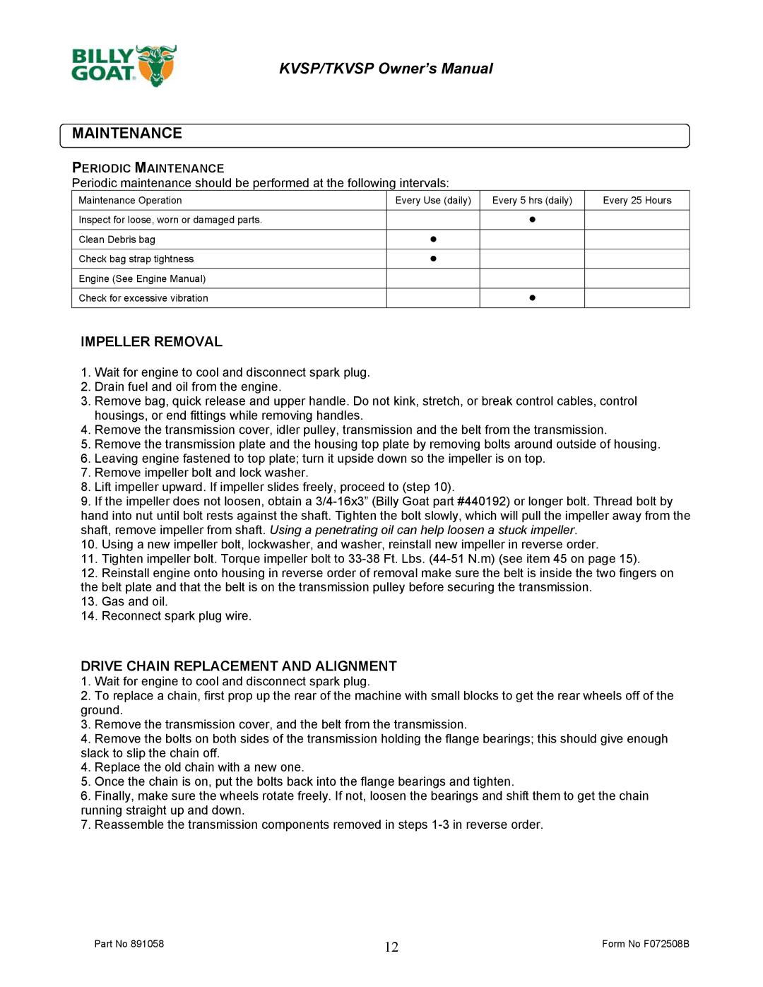 Billy Goat TKV650SPH owner manual Maintenance, Impeller Removal, Drive Chain Replacement and Alignment 