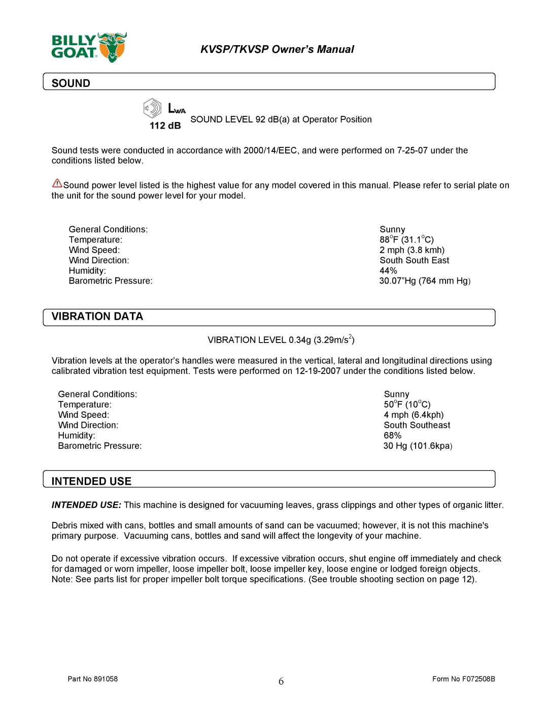 Billy Goat TKV650SPH owner manual Sound, Vibration Data, Intended USE 